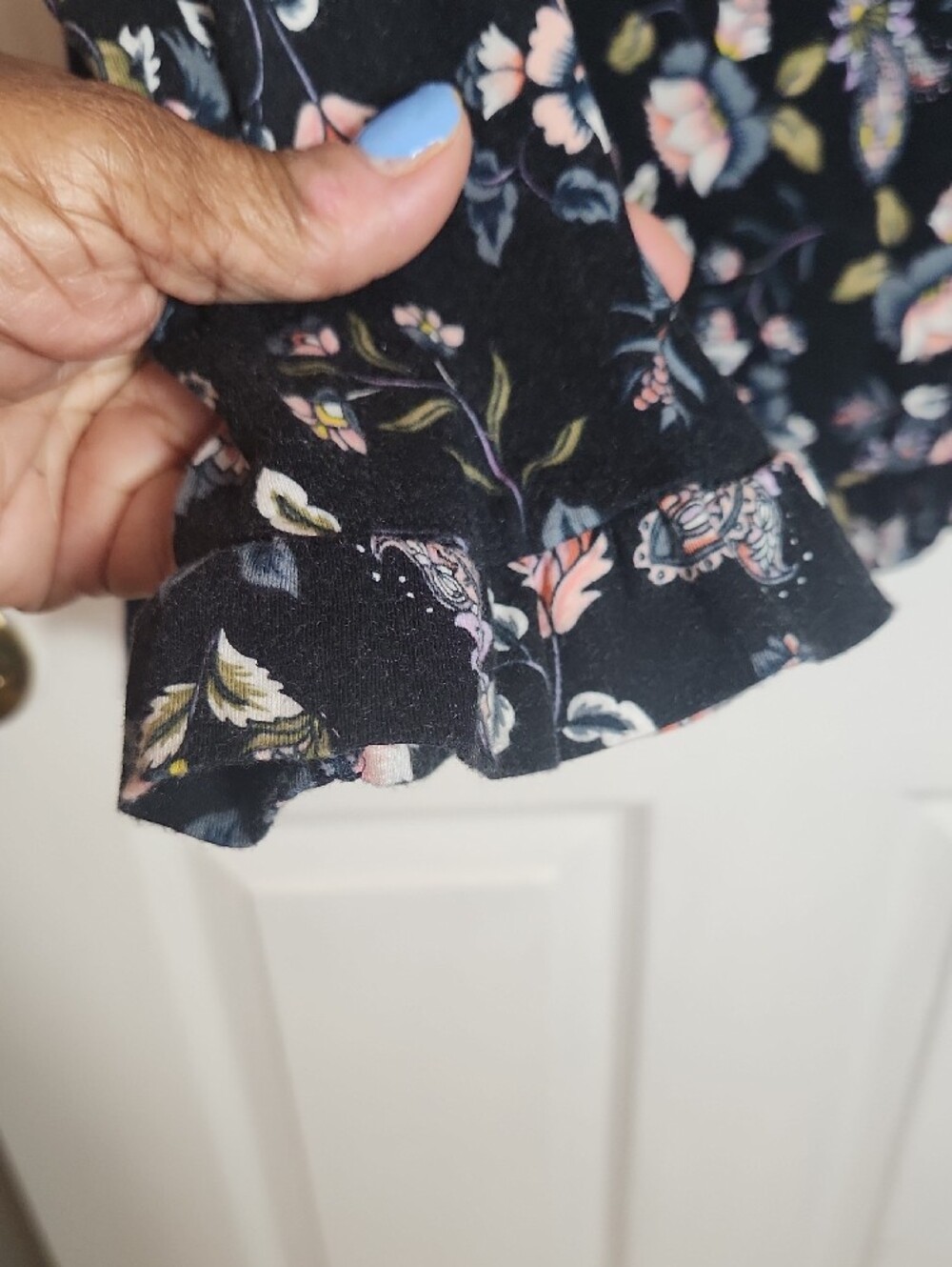 LOFT Black Floral Ruffle-Hem Long Sleeve Top - Picture 5 of 7
